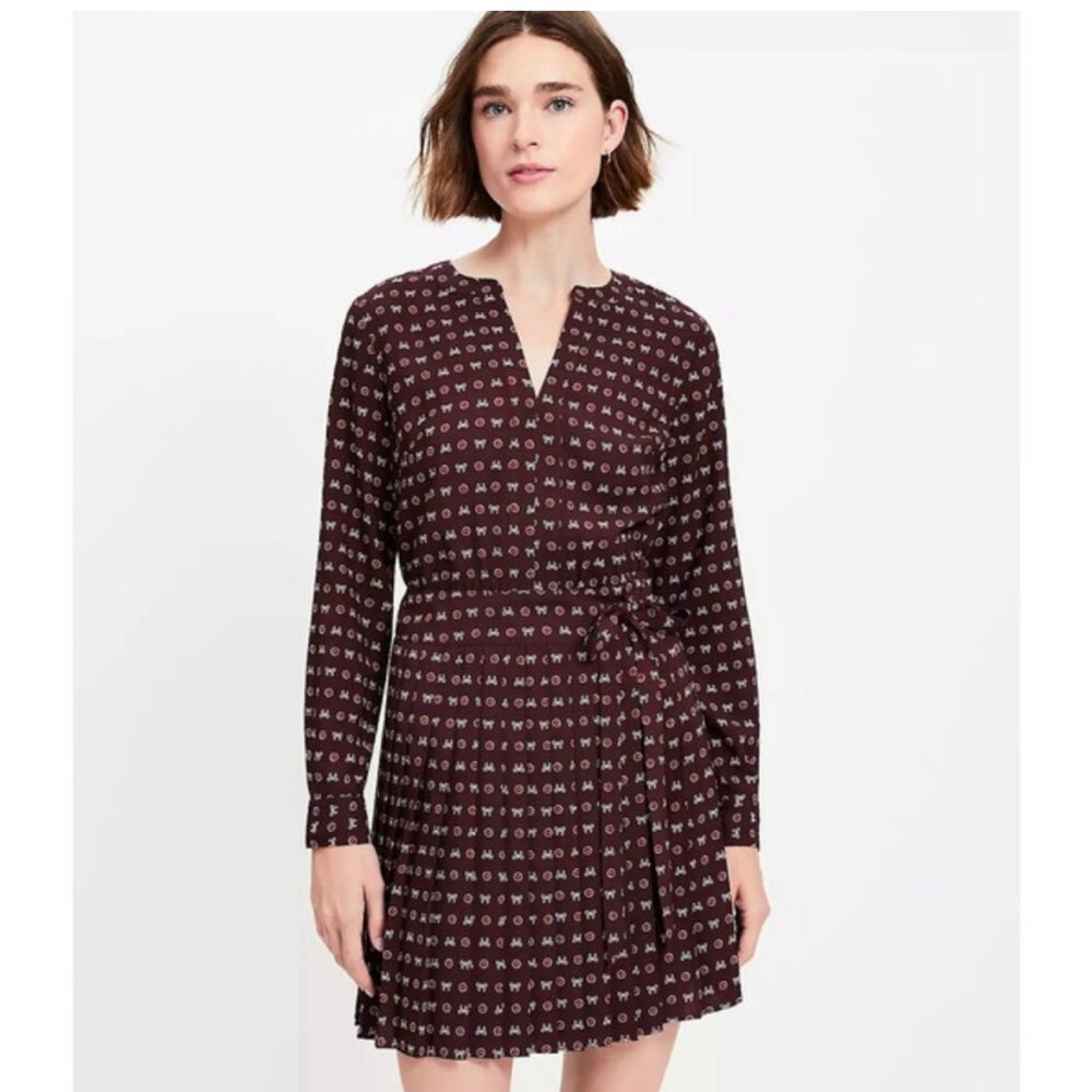 LOFT bow pleated mini dress Print Maroon FALL Preppy Career sz 4 NWOT
